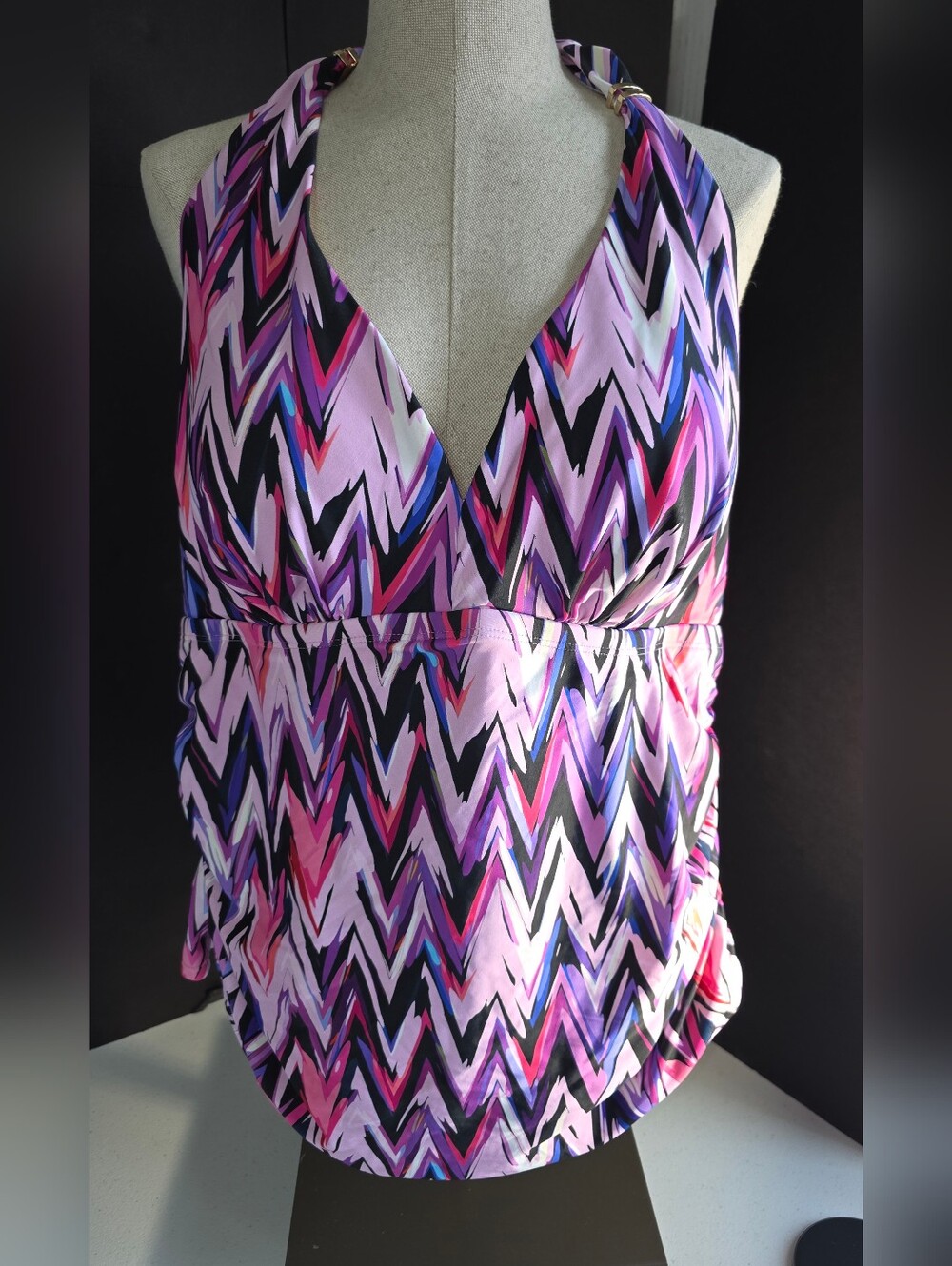 Swimsuits For All Pink Purple Zig Zag Black Chevron Halter Tankini Plus Size 18